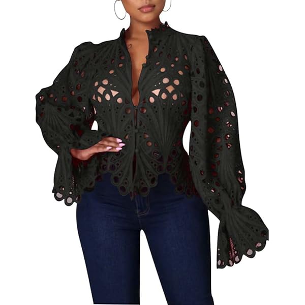 トップス anuke Vneck Lace Blouse Doweha Women's Sexy Ruffle Long Sleeve Summer Lace Tops 2025 Going